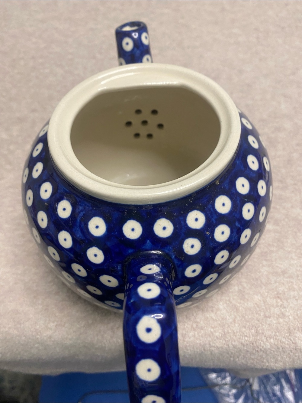 Blue Polka Dot Ceramic Teapot - Classic Kitchen Made in Poland - Picture 3 of 4